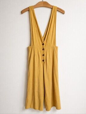 Sienna Sky Mustard Yellow Wide Leg Jumpsuit XS Boho Deep V Button Front